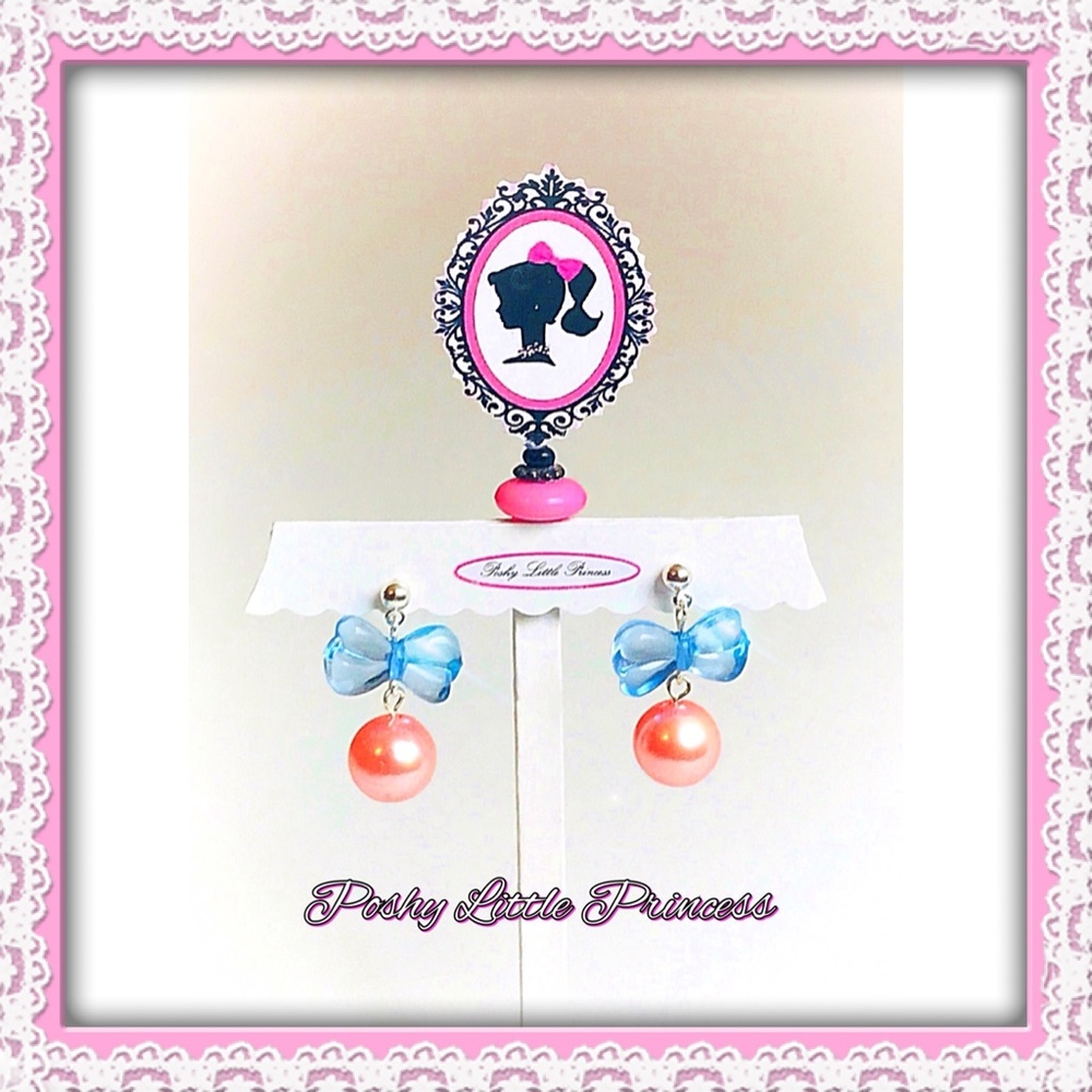 Kawaii Ribbon & Pearl Dangles Pink/Blue